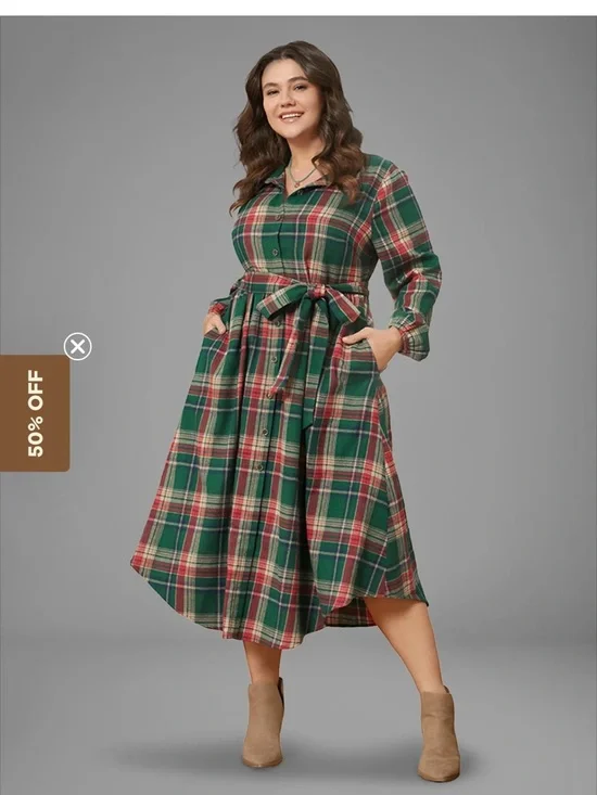 BloomChic Green and Red Plaid Midi Shirt Dress with Belt - Picture 2 of 8